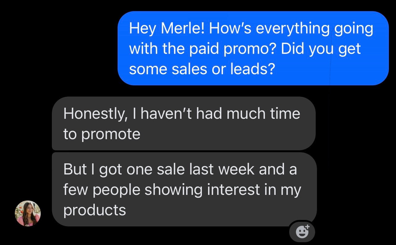 Customer feedback showing a sale and product interest